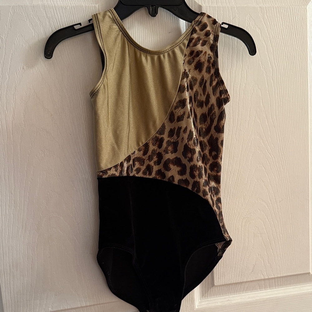 Girls One-Shoulder Leopard & Metallic Gold Dance Leotard
